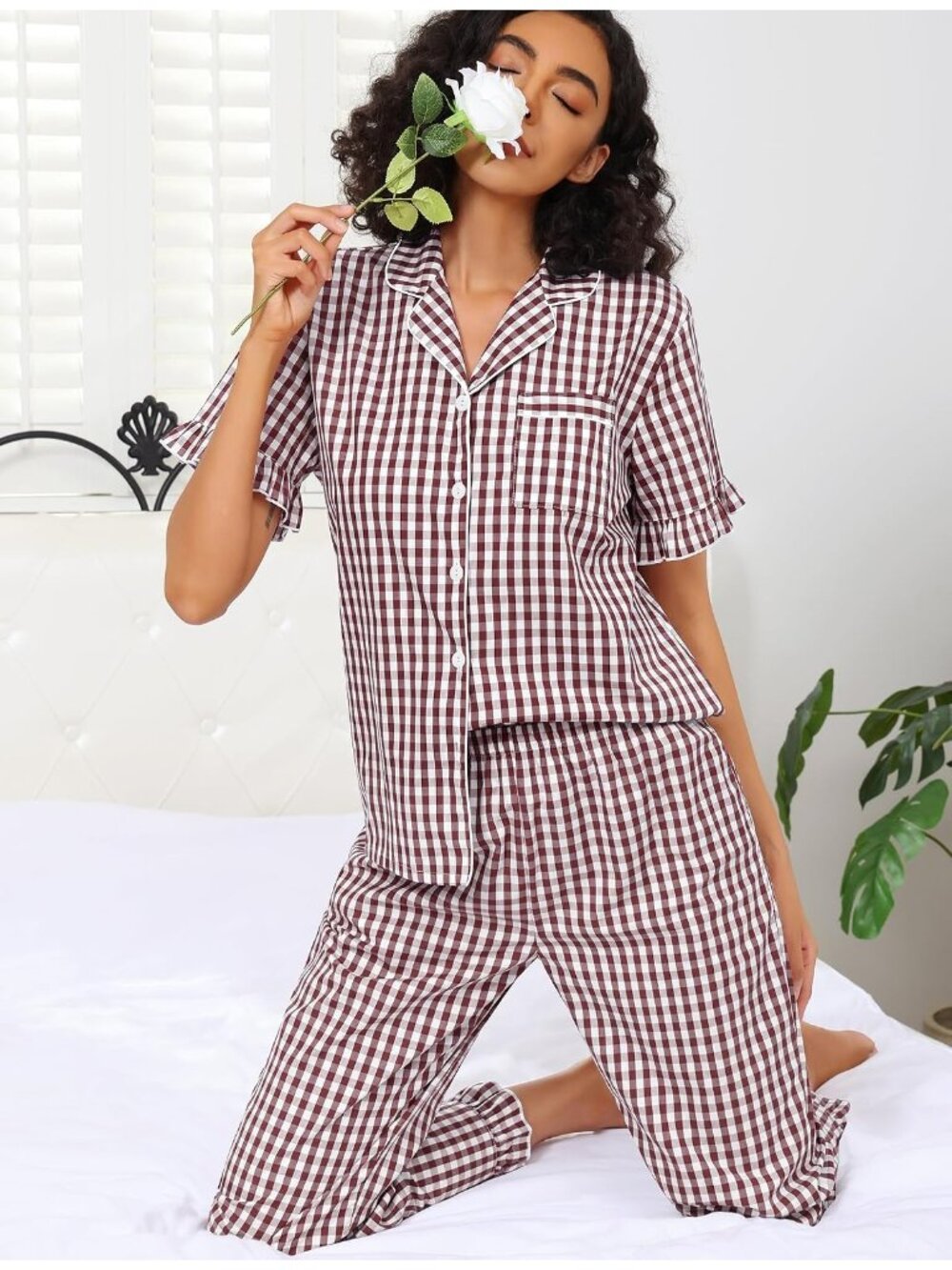 Women's Black & White Cotton Button Down Shirt Sleepwear 2 Piece Pajamas Set - Picture 5 of 7